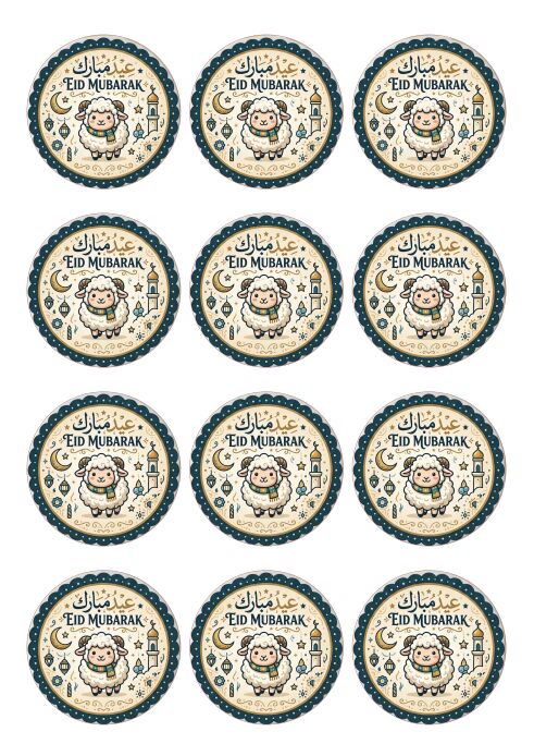 Eetbare print Eid Mubarak rond 12 stuks (ca. 6cm)