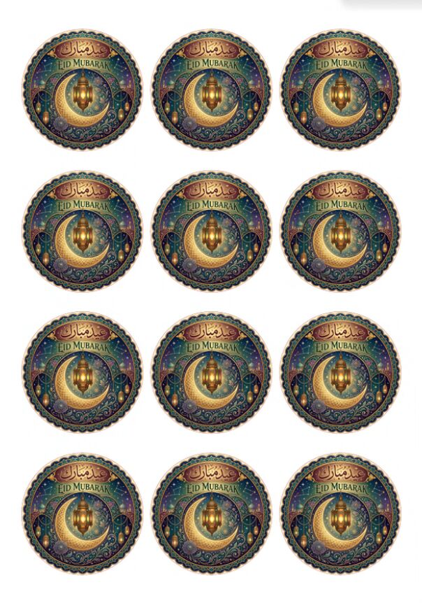 Eetbare print Eid Mubarak rond 12 stuks (ca. 6cm)