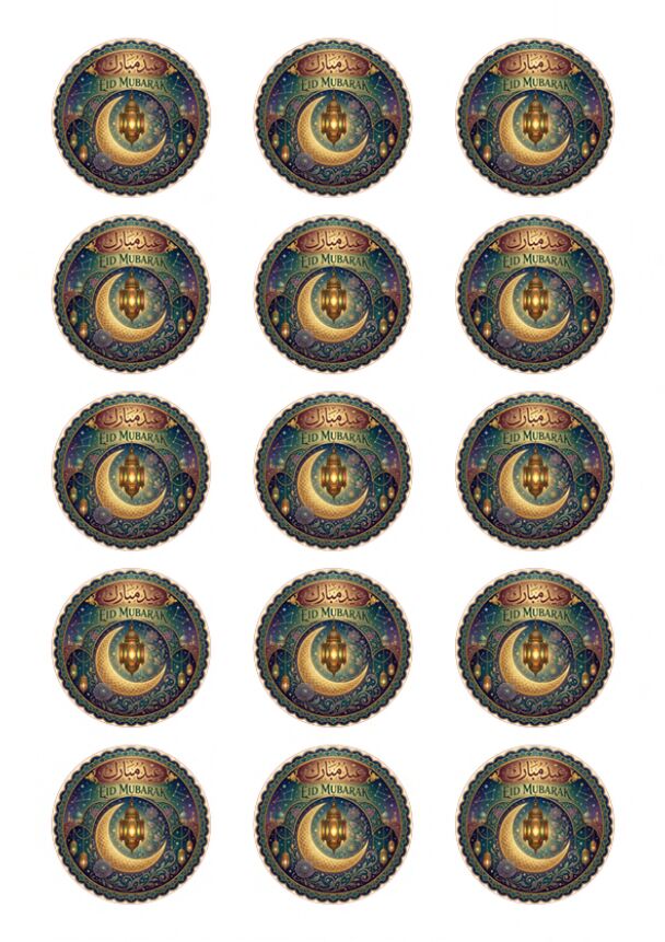 Eetbare print Eid Mubarak rond 15 stuks (ca. 5cm)
